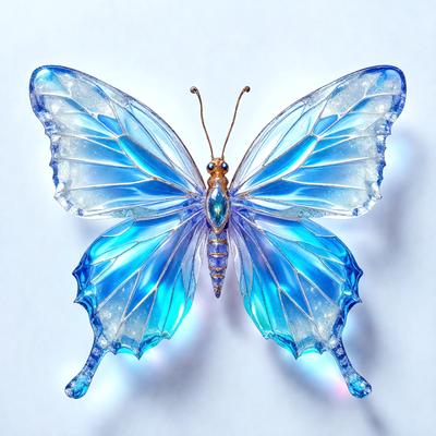 The primary subject of the image is a blue butterfly. The butterfly is prominently displayed in the foreground, with its wings spread wide. The setting is a white background, which provides a clean and uncluttered look to the image. The visual style is a close-up of the butterfly, showcasing its intricate details. The colors and mood of the image are predominantly blue, giving it a calm and serene atmosphere.